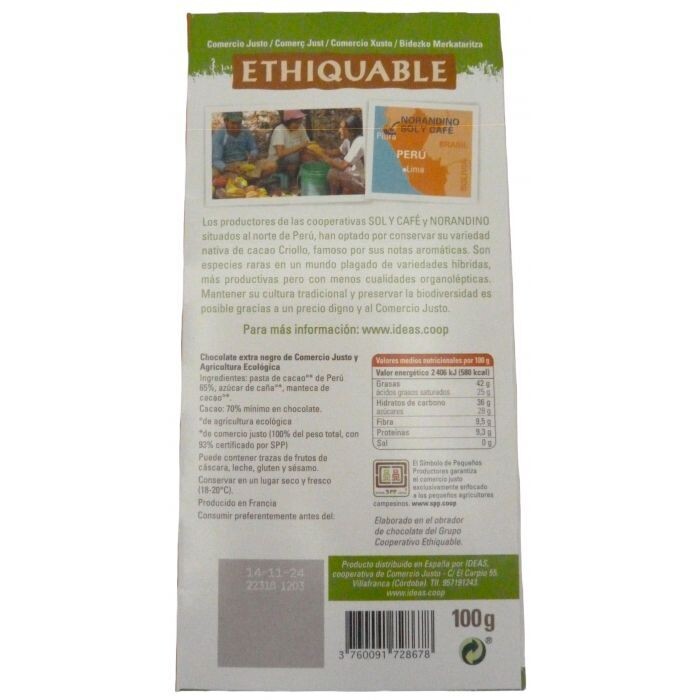 CHOCOLATE NEGRO 70% PERÚ BIO 100g