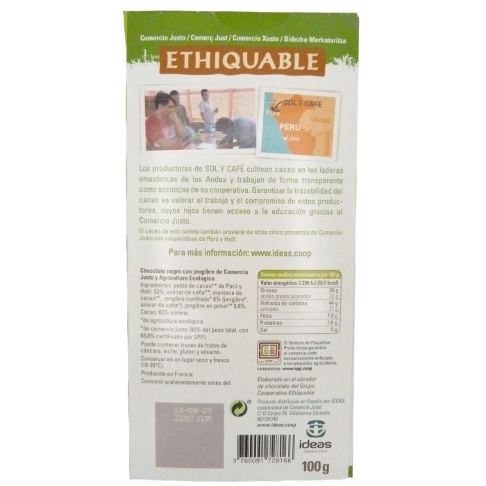 CHOCOLATE NEGRO CON JENGIBRE CONFITADO 100g  PERU-HAITI