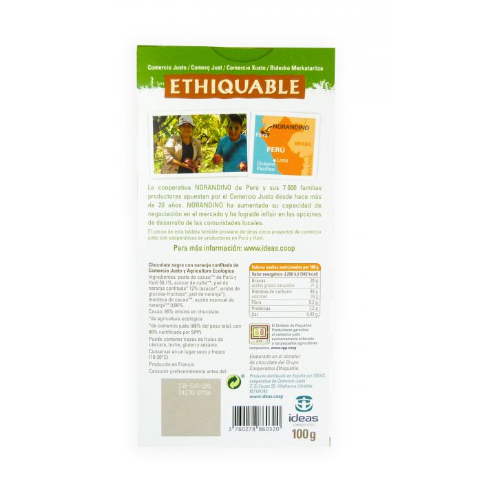 CHOCOLATE NEGRO CON NARANJA CONFITADA 100g PERU - HAITI