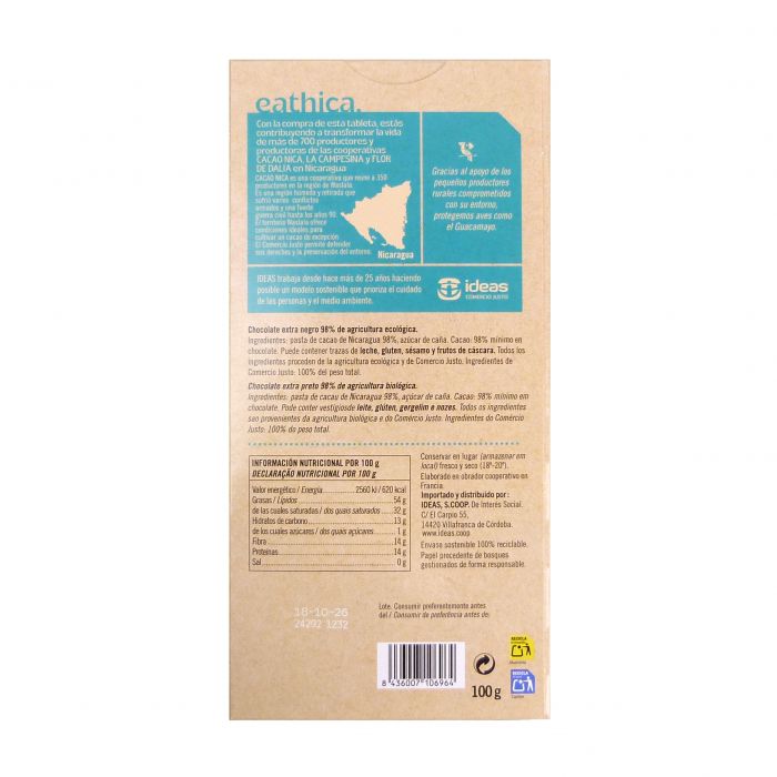 CHOCOLATE eathica  98%  ECUADOR BIO 100g
